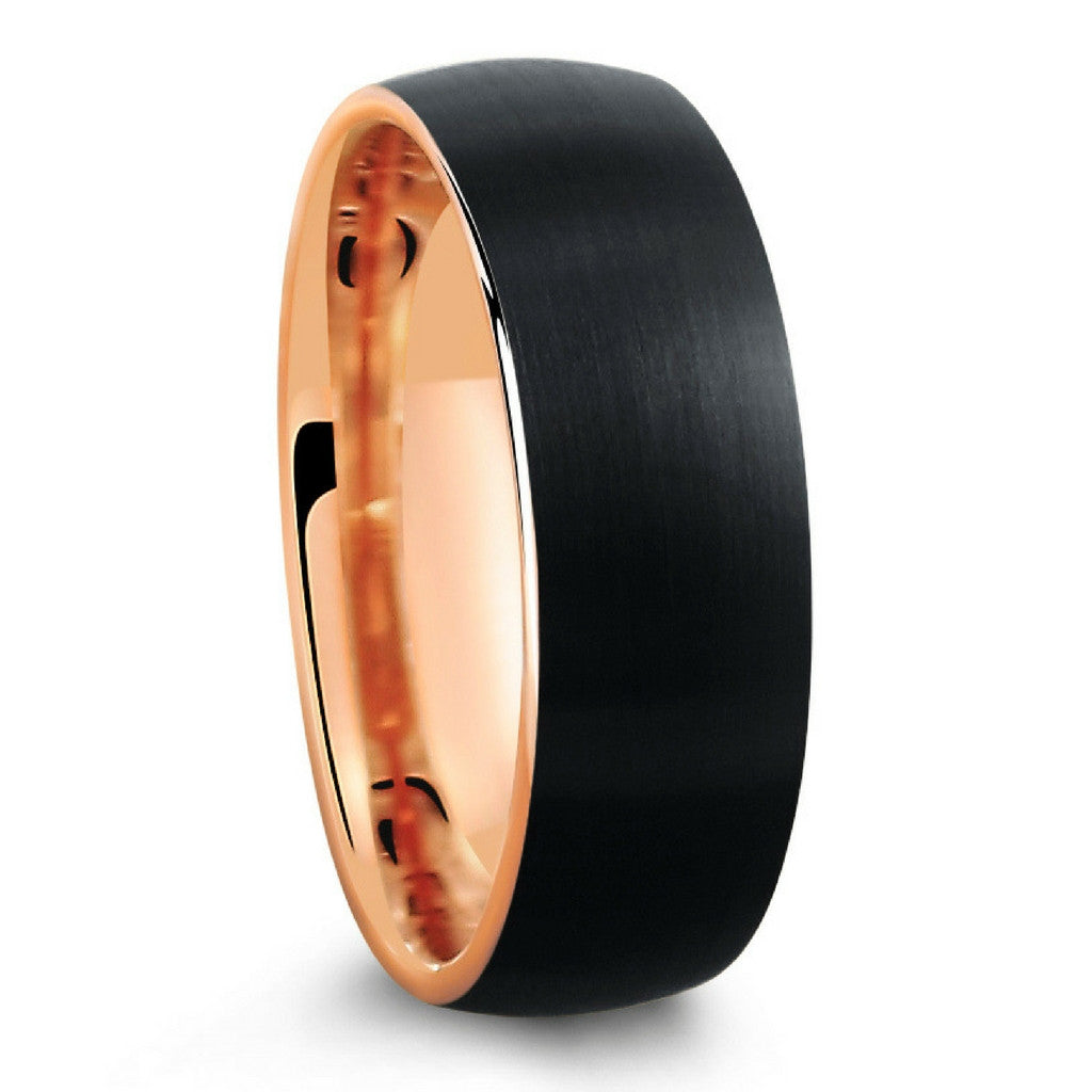 BLACK BRUSHED TUNGSTEN RING WITH ROSE GOLD INTERIOR