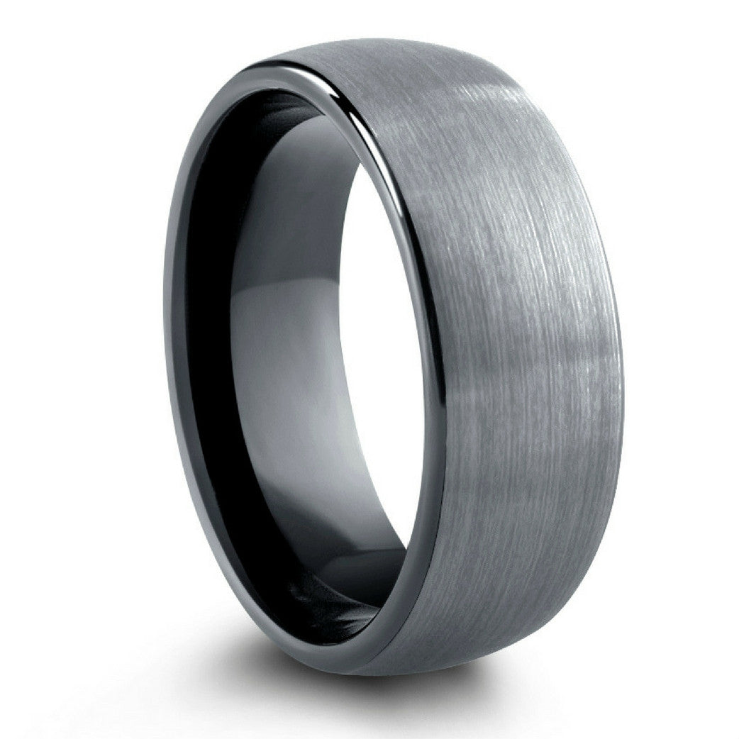 Introducing The Element – modern design meets rugged durability. Bold brushed top, polished black interior, crafted for the man who tackles life head-on. Men's Brushed Tungsten Wedding Band.