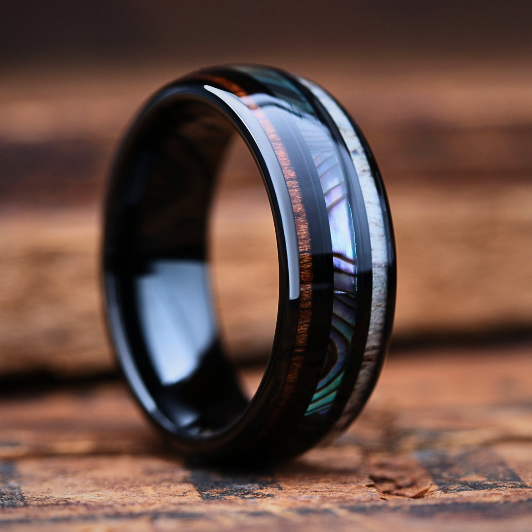 Land and Sea Ring - Men's Wood, Abalone, and Antler Ring