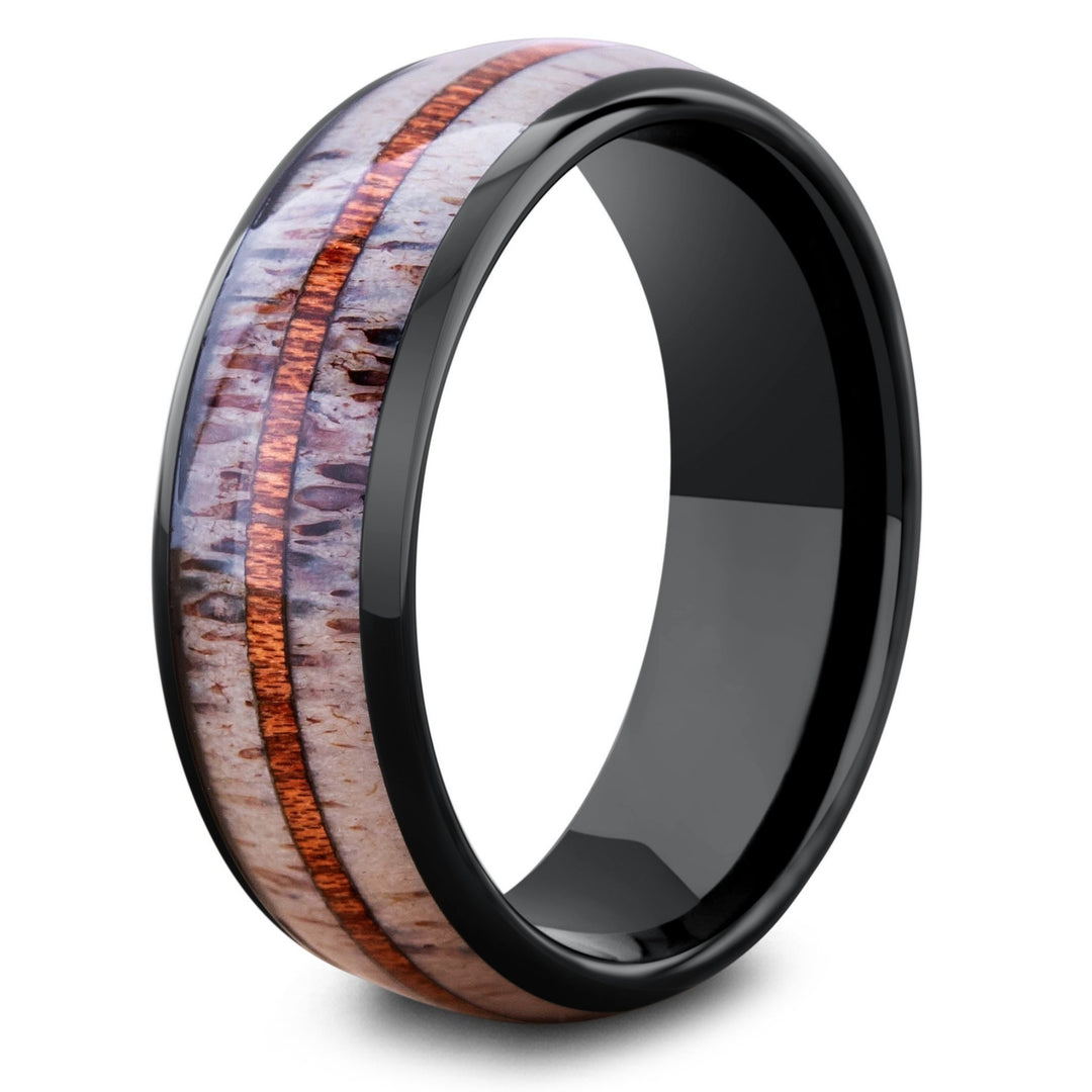 mens deer antler ring with wood stripe