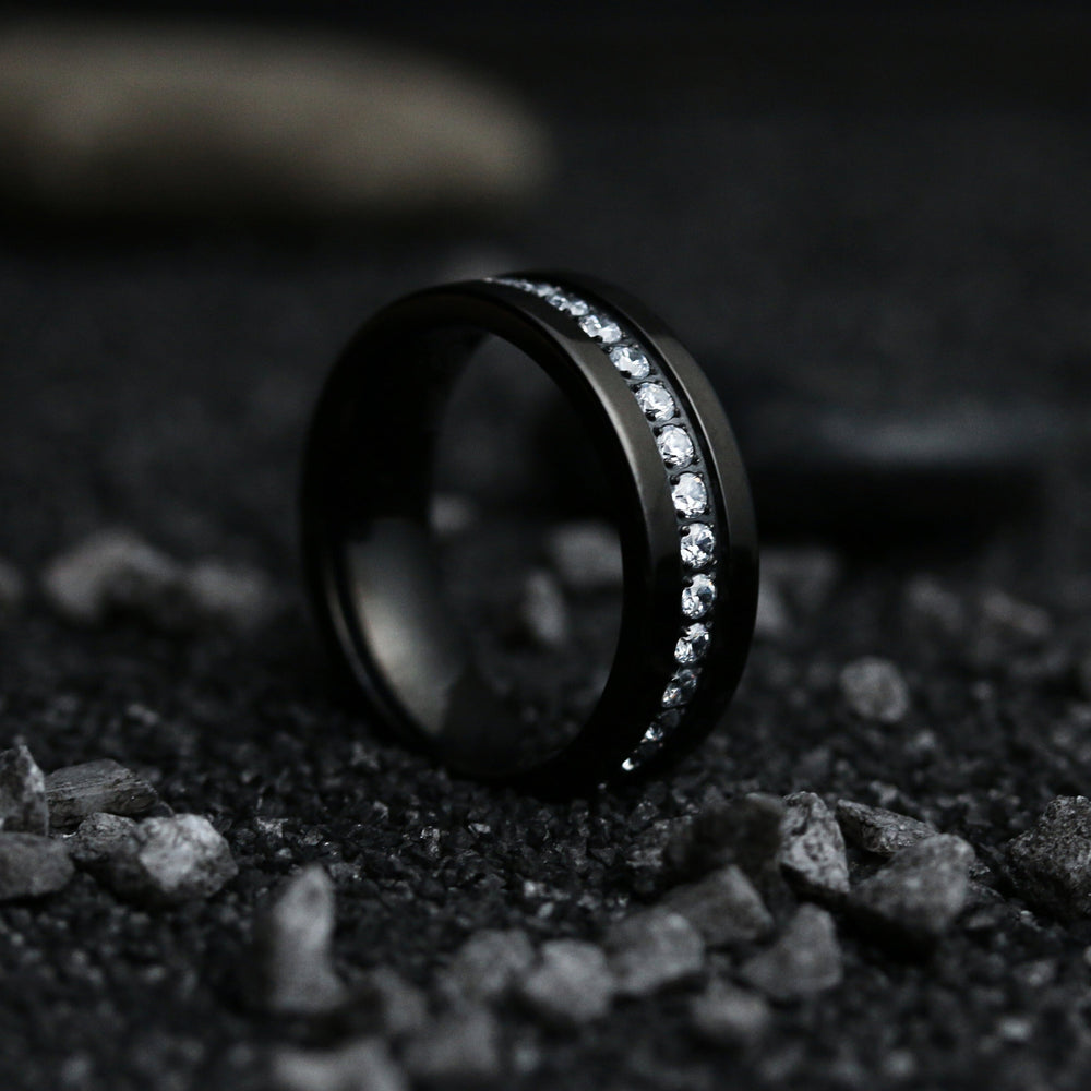 Men's Black Titanium Wedding Band With CZ Diamond Channel