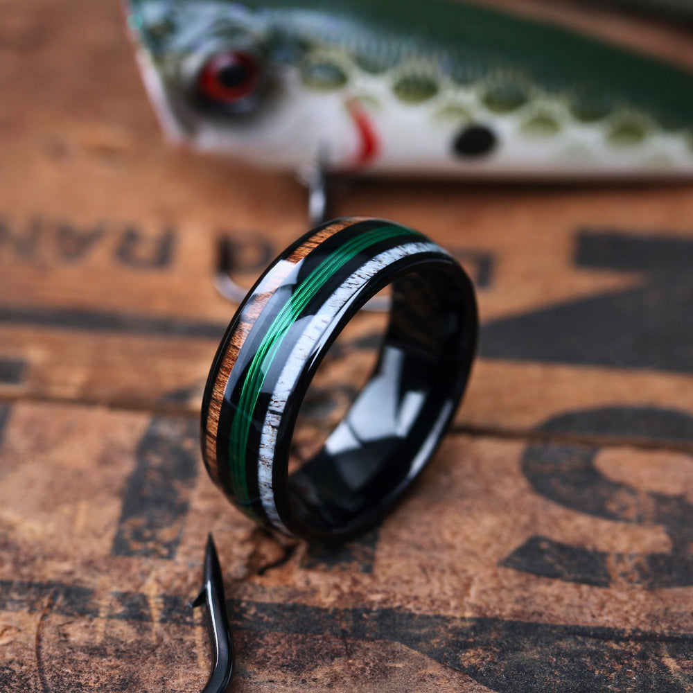 Men's Black Wedding Band With Green Fishing Line, Antler, and Wood - Tungsten Carbdie