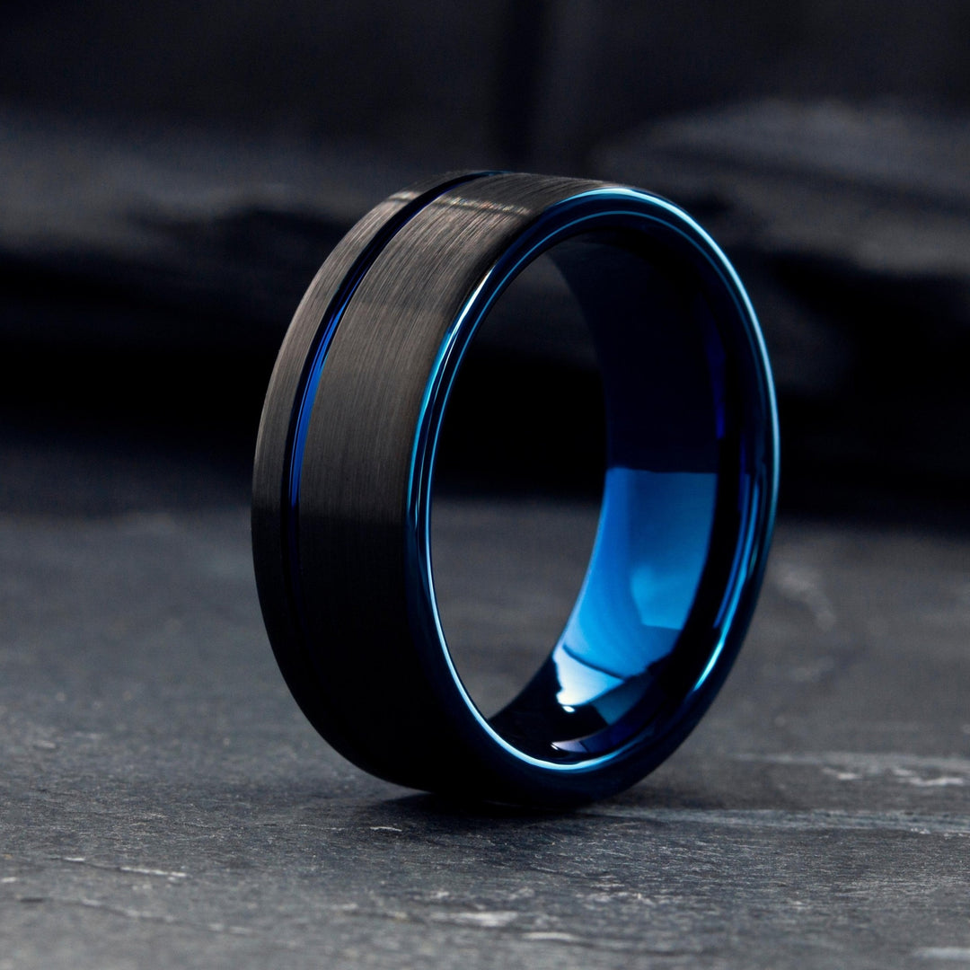 Men's Black and Blue Wedding Ring With Offset Blue Channel