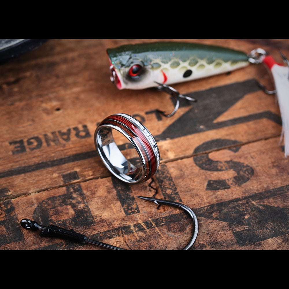 Men's Red Fishing Line Wedding Ring - Made Out of Red Fishing Line, Antler, and Wood.