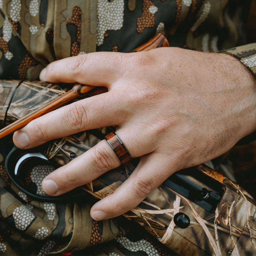 Muskoka Men's Black Wooden Wedding Ring on Finger