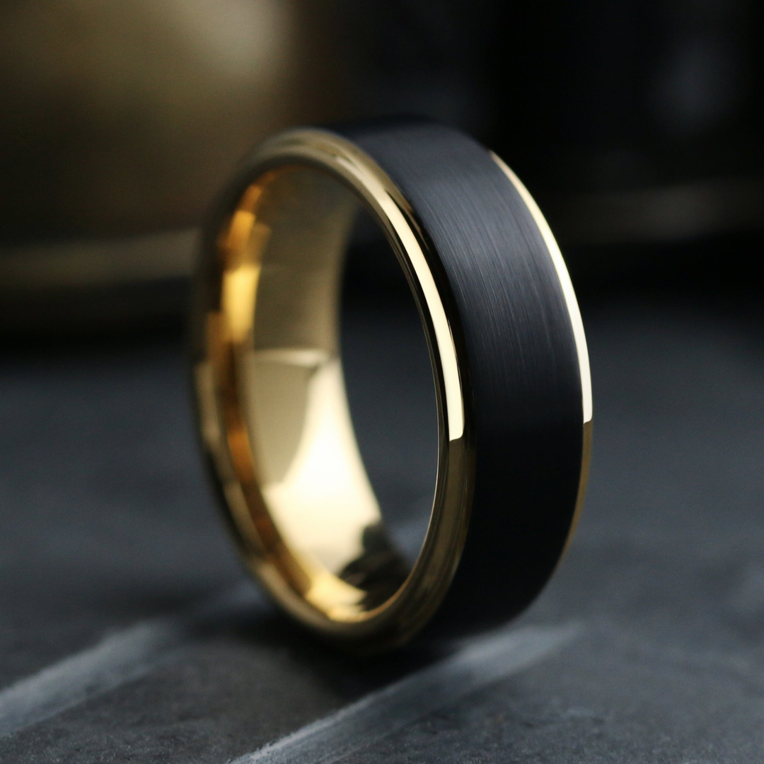 Men's Black and Yellow Gold Wedding Band - The Gatsby 3 / Men's Tungsten Yellow Gold Wedding Band