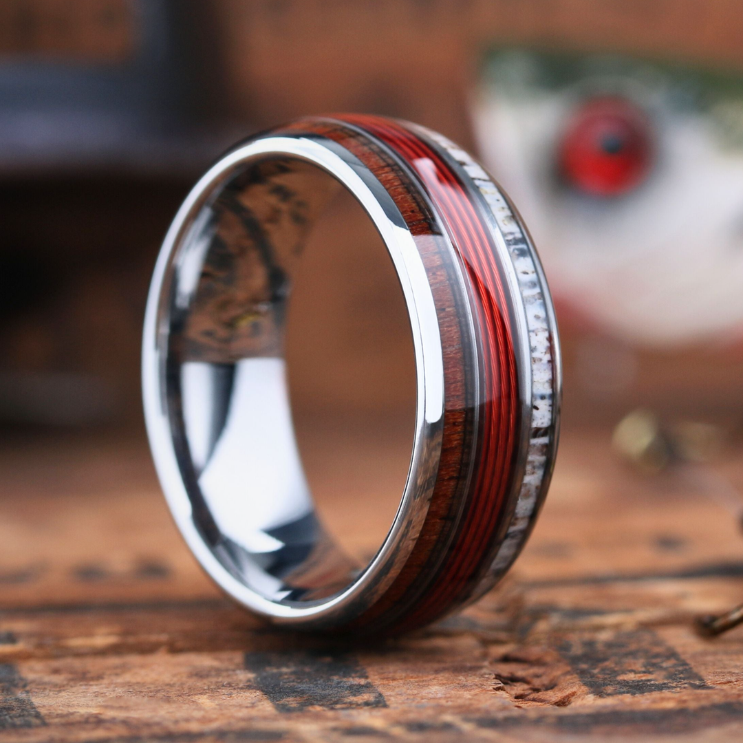 Men's Red Fishing Line Wedding Ring - Made Out of Red Fishing Line, Antler, and Wood.