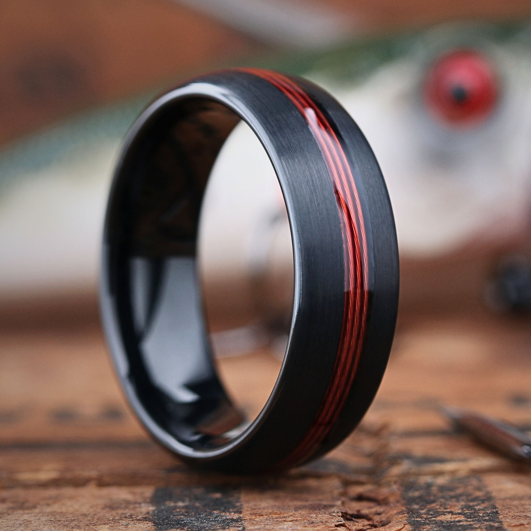 Men's Red Fishing Line Wedding Ring - Made Out of Red Fishing Line, Antler, and Wood.