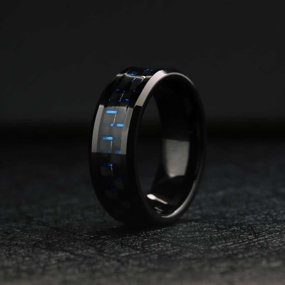 Men's Carbon Fiber Wedding Band Blue and Black Titanium