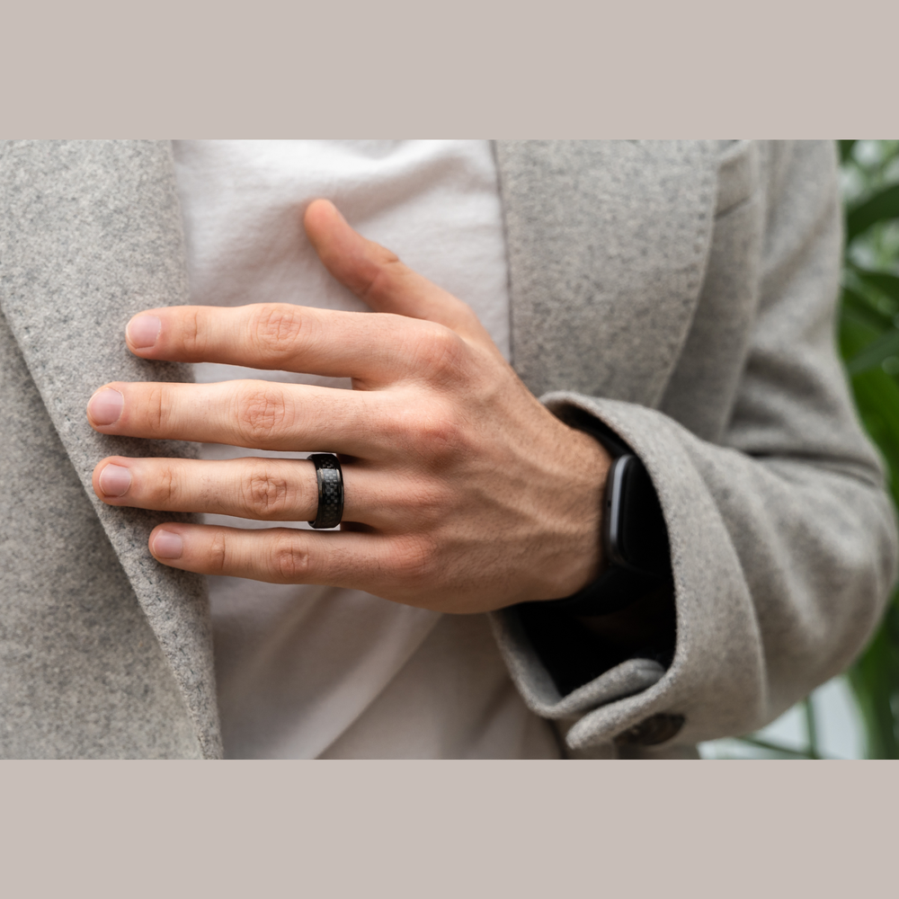 Men's Black Titanium Wedding Band With Carbon Fiber