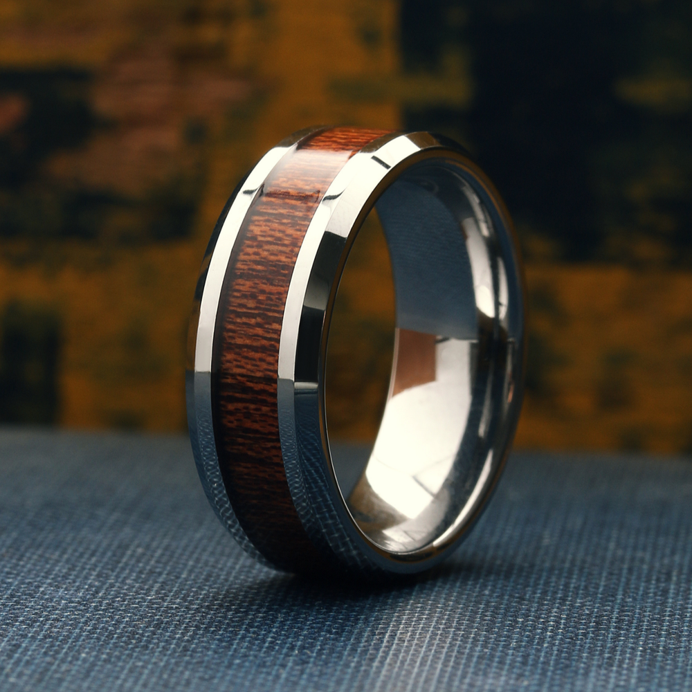 Men's Tungsten Wedding Band With Koa Wood Inlay and Beveled Edges
